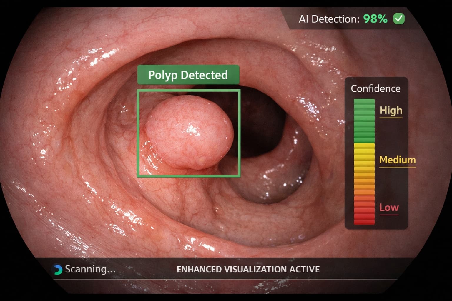 AI-assisted detection during colonoscopy showing polyp identification