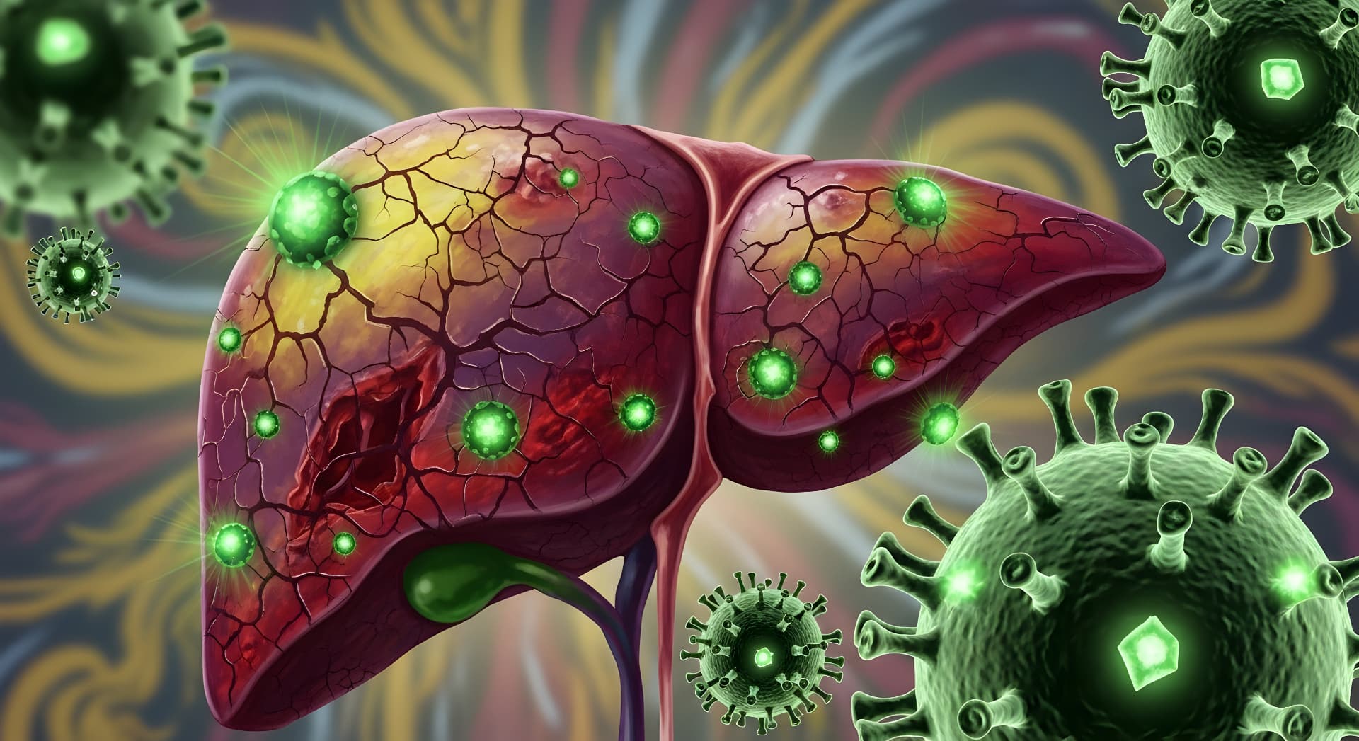 Viral Hepatitis - Medical illustration showing hepatitis viruses affecting the liver